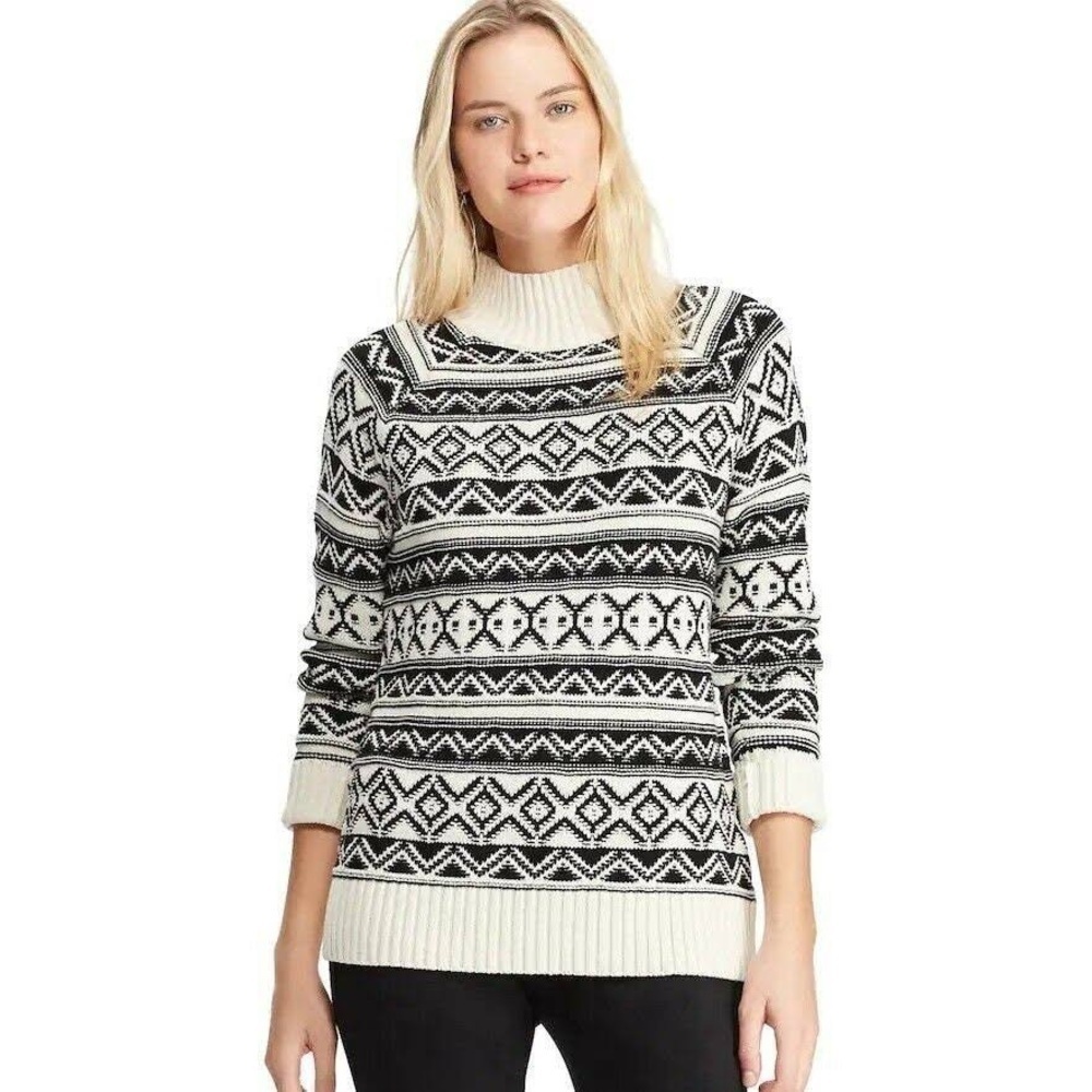 Chaps Mock Neck Holiday Striped  Knit Sweater Size Large NWT